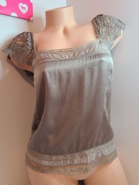 Vintage DKNY Taupe Silk Camisole with Lace Trim Size 6
